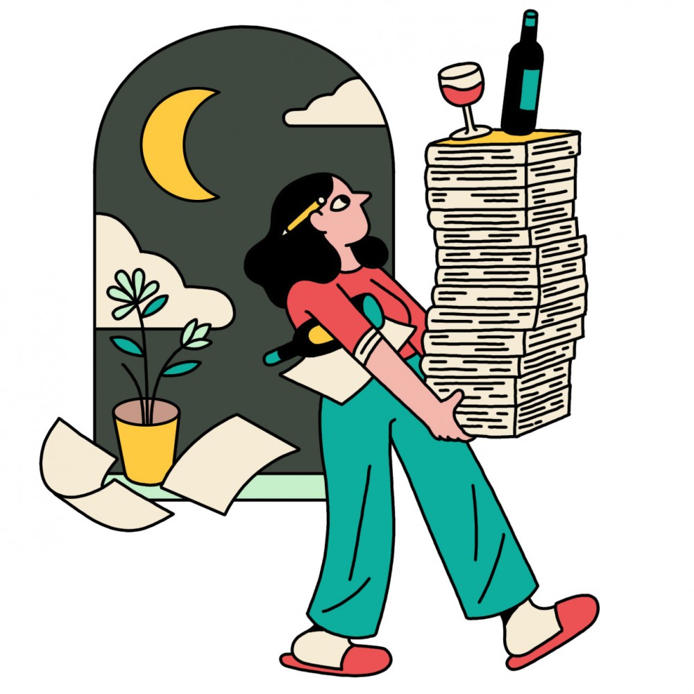 illustration of woman carrying a stack of books with a wine bottle and glass on top
